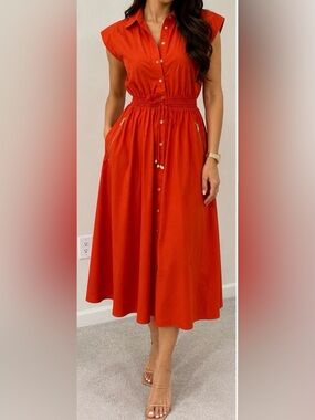 Michael Kors Orange Midi Shirt Dress Gold Zip Pockets Drawstring Waist Size S